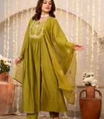 Women's chanderi silk sequin stone embroidered v neck green kurta pant set with chanderi dupatta