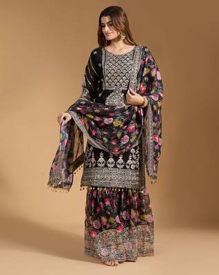 Arriva fab women's faux georgette fabric zari sequence embroidery work kurtaset with dupatta 1