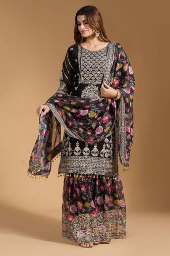 Arriva fab women's faux georgette fabric zari sequence embroidery work kurtaset with dupatta