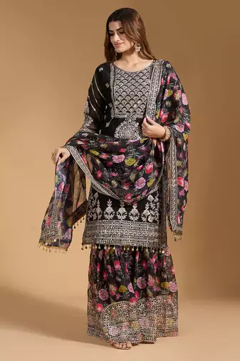 Arriva fab women's faux georgette fabric zari sequence embroidery work kurtaset with dupatta