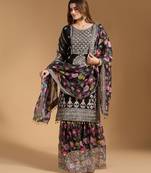  women's faux georgette fabric zari sequence embroidery work kurtaset with dupatta