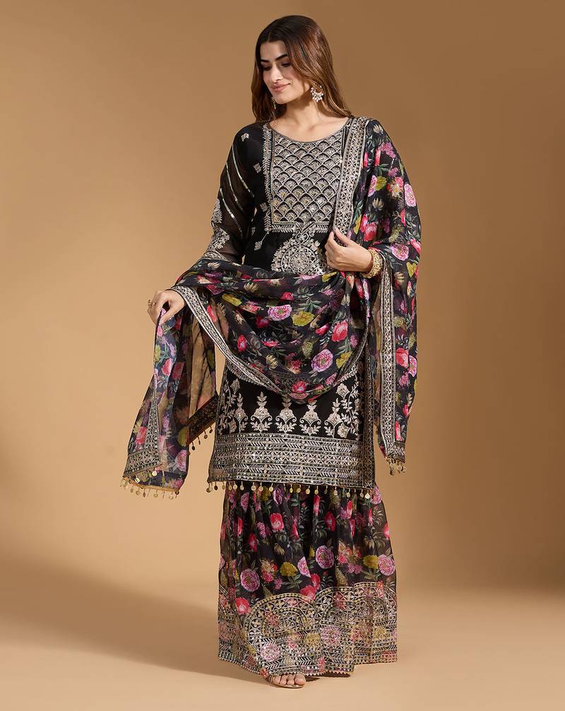  women's faux georgette fabric zari sequence embroidery work kurtaset with dupatta