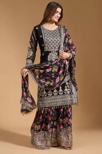 Arriva fab women's faux georgette fabric zari sequence embroidery work kurtaset with dupatta