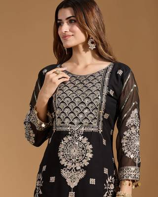 Arriva fab women's faux georgette fabric zari sequence embroidery work kurtaset with dupatta 4