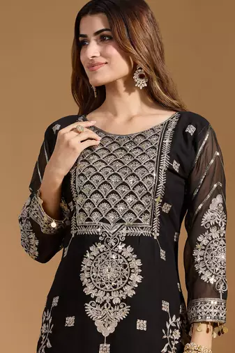 Arriva fab women's faux georgette fabric zari sequence embroidery work kurtaset with dupatta