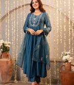 Women's chanderi silk sequin stone embroidery v neck blue kurta pant set with chanderi dupatta