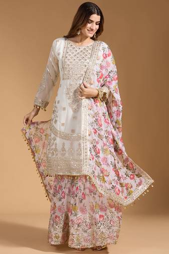 Arriva fab women's faux georgette fabric zari sequence embroidery work kurtaset with dupatta