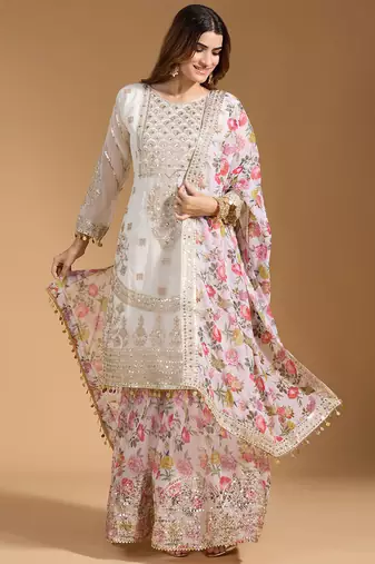 Arriva fab women's faux georgette fabric zari sequence embroidery work kurtaset with dupatta