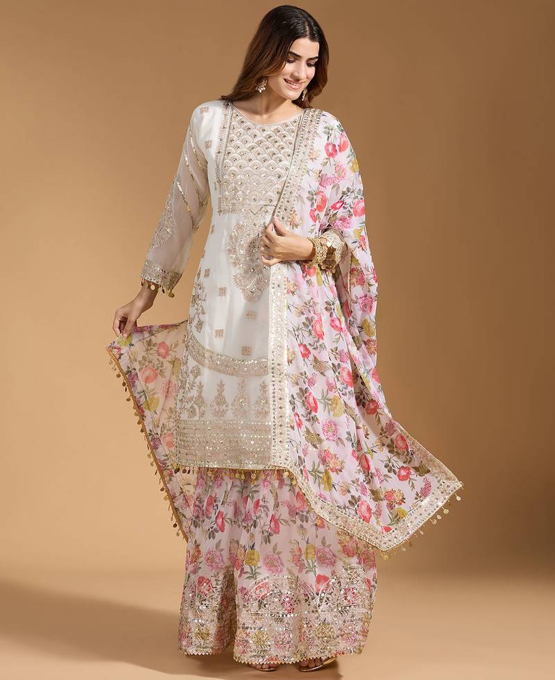  women's faux georgette fabric zari sequence embroidery work kurtaset with dupatta