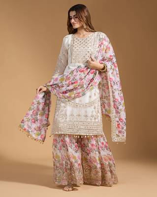 Arriva fab women's faux georgette fabric zari sequence embroidery work kurtaset with dupatta 2