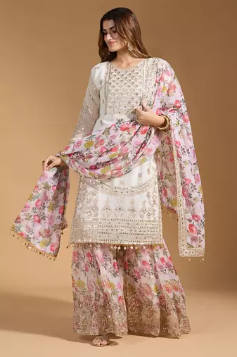 Arriva fab women's faux georgette fabric zari sequence embroidery work kurtaset with dupatta