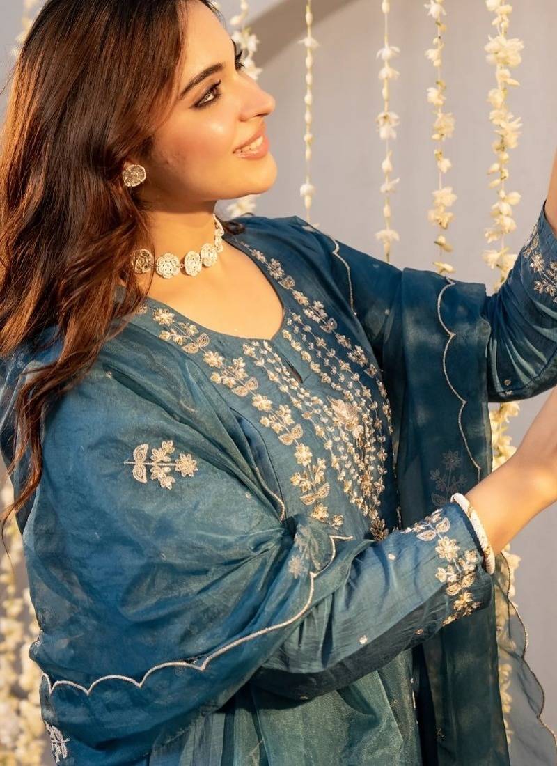 Women's chanderi silk sequin stone embroidery v neck blue kurta pant set with chanderi dupatta