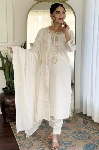 Women's off white viscose chanderi embroidered kurta pant set with jacquard dupatta