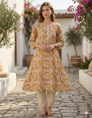 Arriva fab women's multicolor cotton blend floral printed kurta set with dupatta 1