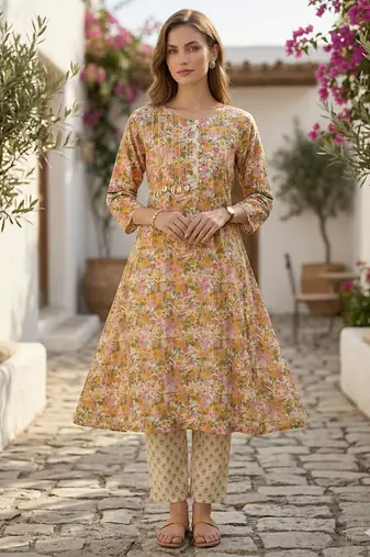 Arriva fab women's multicolor cotton blend floral printed kurta set with dupatta