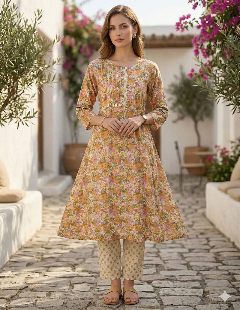  women's multicolor cotton blend floral printed kurta set with dupatta