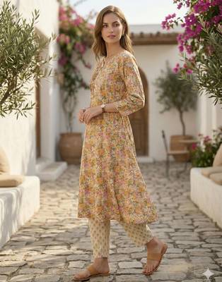 Arriva fab women's multicolor cotton blend floral printed kurta set with dupatta 2