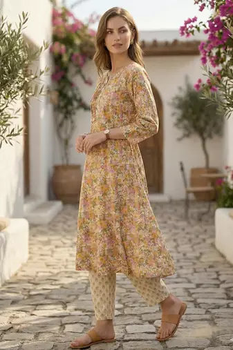 Arriva fab women's multicolor cotton blend floral printed kurta set with dupatta