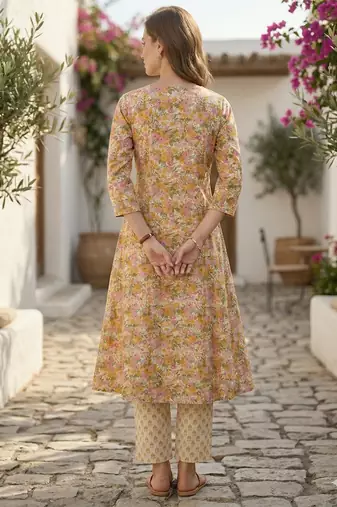 Arriva fab women's multicolor cotton blend floral printed kurta set with dupatta