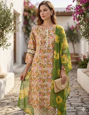 Arriva fab women's multicolor cotton blend floral printed kurta set with dupatta 4