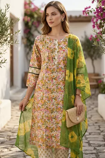 Arriva fab women's multicolor cotton blend floral printed kurta set with dupatta
