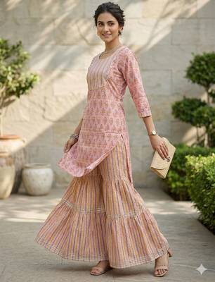 Arriva fab women's pure cotton floral printed kurta set with dupatta 1