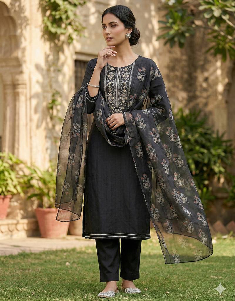  women's ply spun embroidered plain kurta set with dupatta