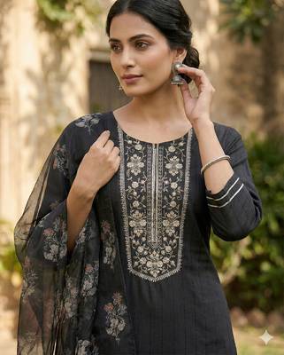 Arriva fab women's ply spun embroidered plain kurta set with dupatta 4