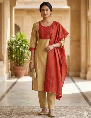 Arriva fab women's cotton gotapatti lace design straight side slit kurta set with duppata 1