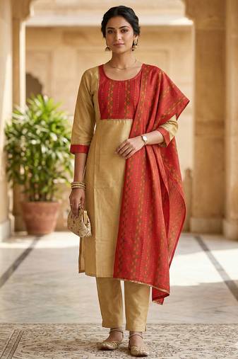  women's cotton gotapatti lace design straight side slit kurta set with duppata