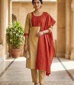  women's cotton gotapatti lace design straight side slit kurta set with duppata