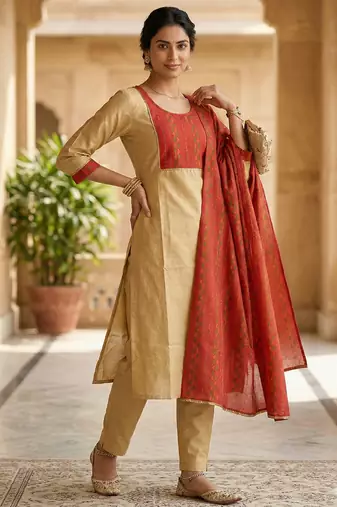 Arriva fab women's cotton gotapatti lace design straight side slit kurta set with duppata
