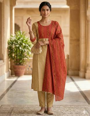 Arriva fab women's cotton gotapatti lace design straight side slit kurta set with duppata 3