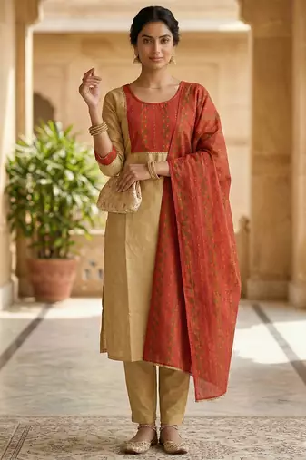 Arriva fab women's cotton gotapatti lace design straight side slit kurta set with duppata