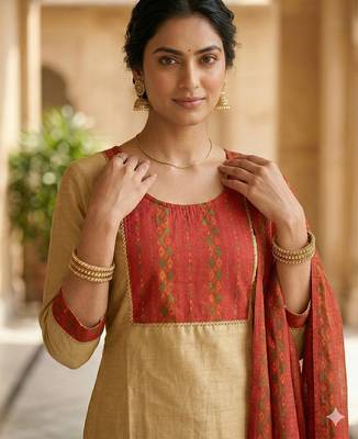 Arriva fab women's cotton gotapatti lace design straight side slit kurta set with duppata 4