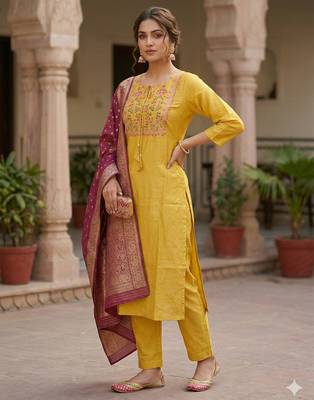 Arriva fab women's silk embroidered  kurta set with duppata 1
