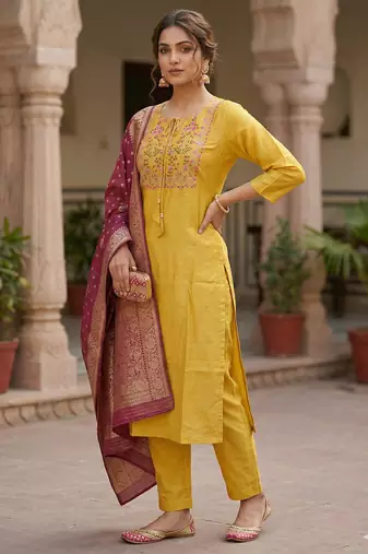  women's silk embroidered  kurta set with duppata