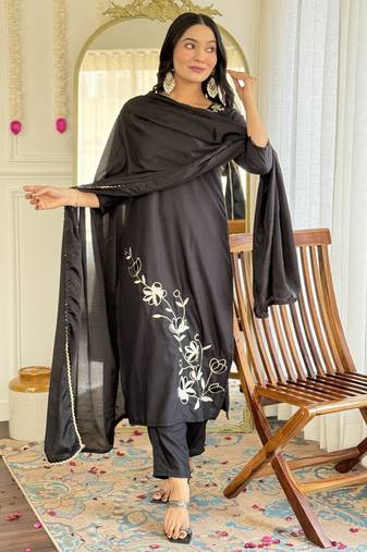 Women's black viscose rayon embroidered kurta pant set with chinon dupatta