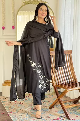 Women's black viscose rayon embroidered kurta pant set with chinon dupatta