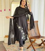 Women's black viscose rayon embroidered kurta pant set with chinon dupatta