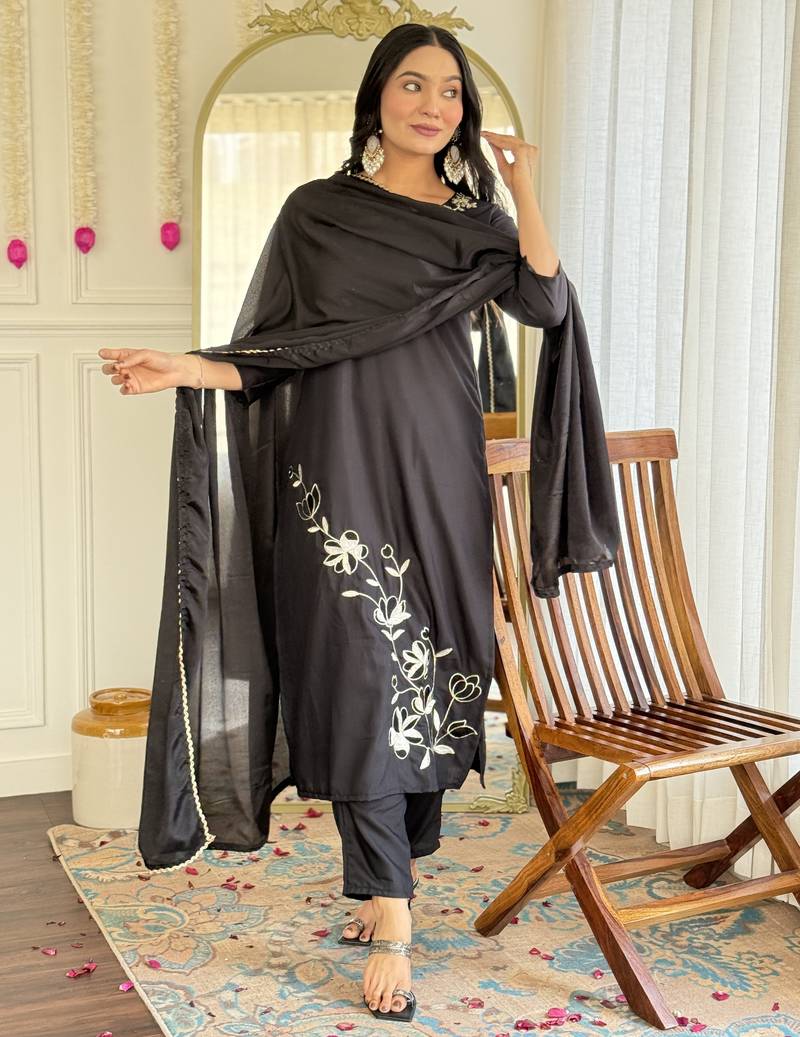 Women's black viscose rayon embroidered kurta pant set with chinon dupatta
