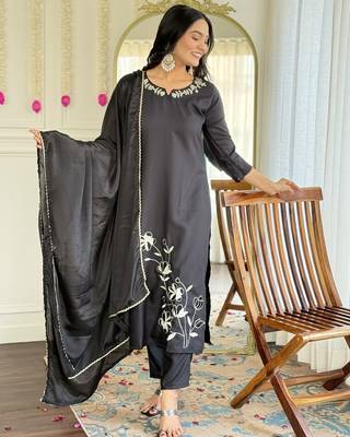 Women's black viscose rayon embroidered kurta pant set with chinon dupatta 3