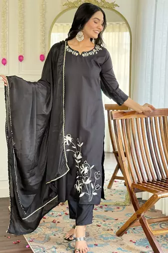 Women's black viscose rayon embroidered kurta pant set with chinon dupatta