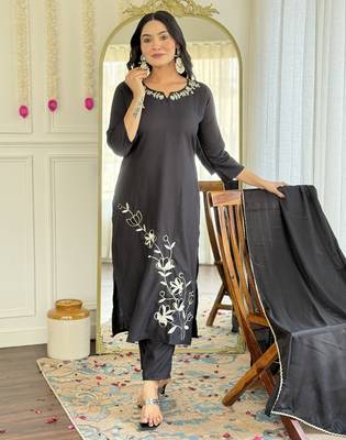 Women's black viscose rayon embroidered kurta pant set with chinon dupatta 4