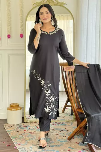Women's black viscose rayon embroidered kurta pant set with chinon dupatta