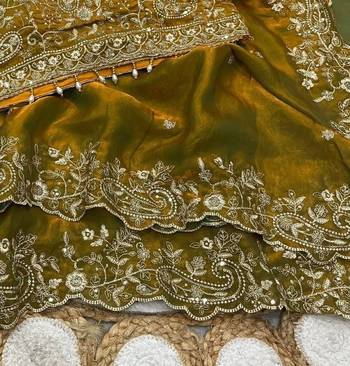 Olive Color Embroidery sequence work heavy border Satin Saree 1