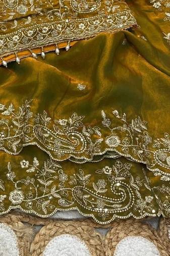 Olive Color Embroidery sequence work heavy border Satin Saree