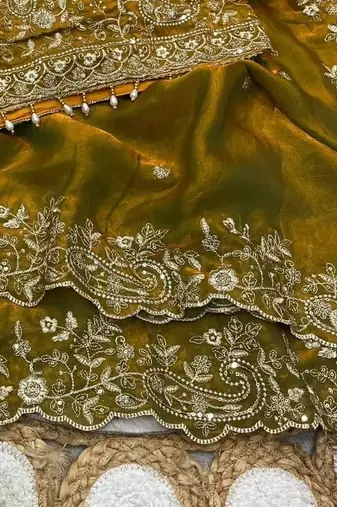Olive Color Embroidery sequence work heavy border Satin Saree