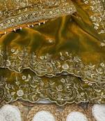 Olive Color Embroidery sequence work heavy border Satin Saree