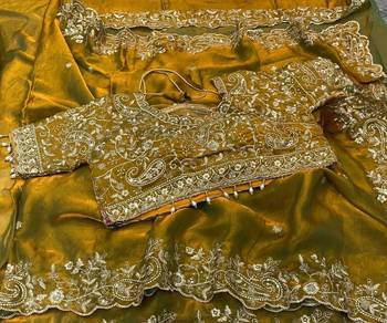 Olive Color Embroidery sequence work heavy border Satin Saree 2